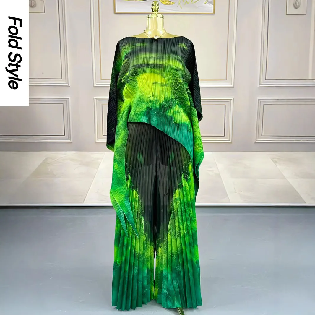 

2025i Fashion Suit Slightly Fat Loose Women's Clothing Two-piece Set Miyake Pleated Printed Top Pleated Casual Trousers New