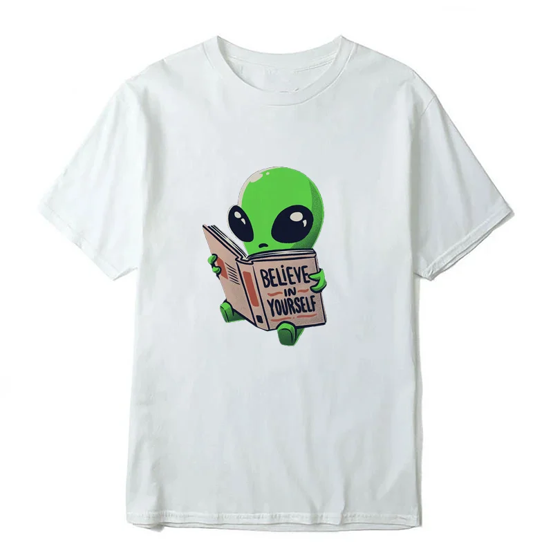 Novel green alien print street Harajuku casual fashion street wear trendy summer all-purpose T-shirts for men and women