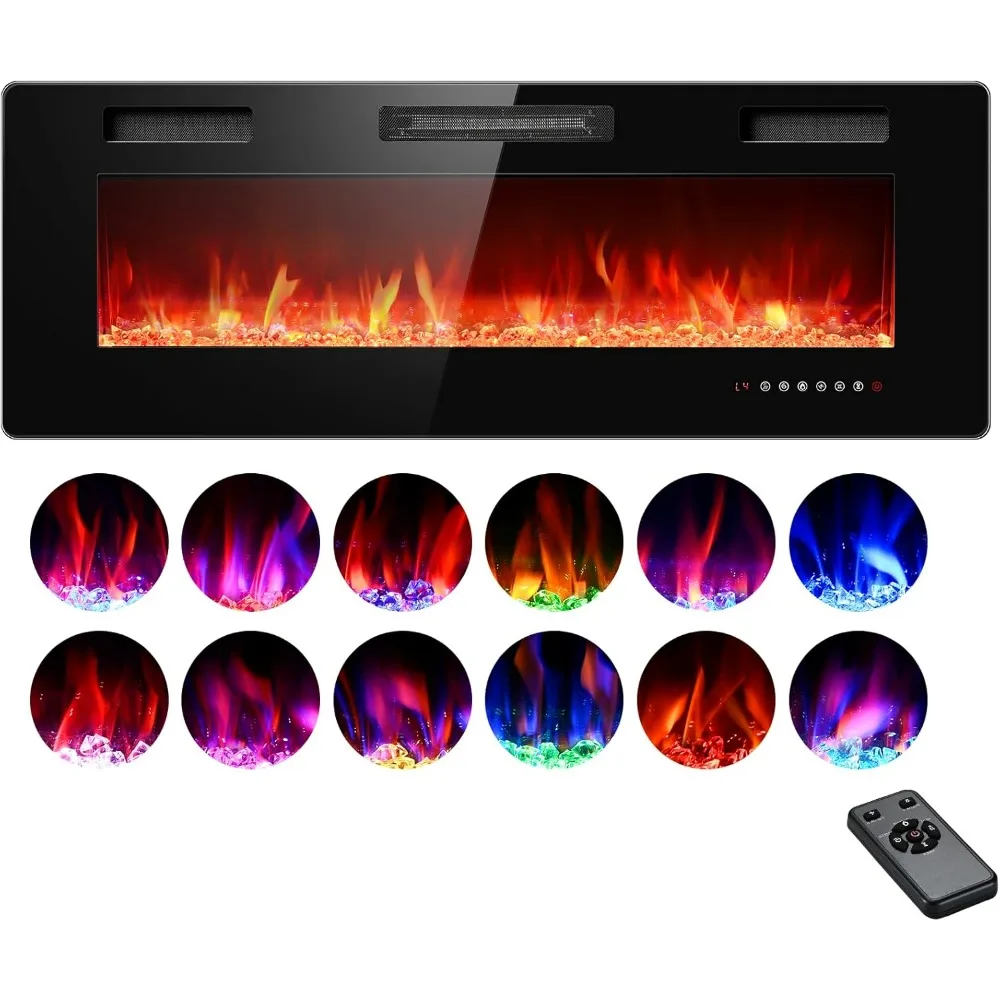 

50’’ Electric Fireplace Wall Mounted and Recessed, Touch Screen, Adjustable Flame Color/Speed, 750/1500W Electric Fire Place