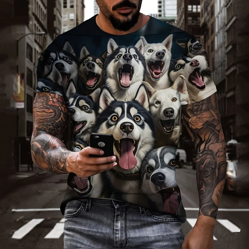 Men's 3D Digital Cute Smiling Husky Dogs Pattern Print Crew Neck Short Sleeve T-shirt, Casual Trendy Tops Suitable For Summer