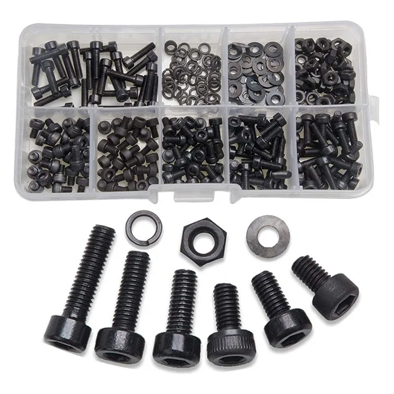 

300Pcs M3 Screws Black Carbon Steel Column Hexagon Socket Screw Bolt Nut Flat Pad Washers Spring Box Kit Bolts and Nuts