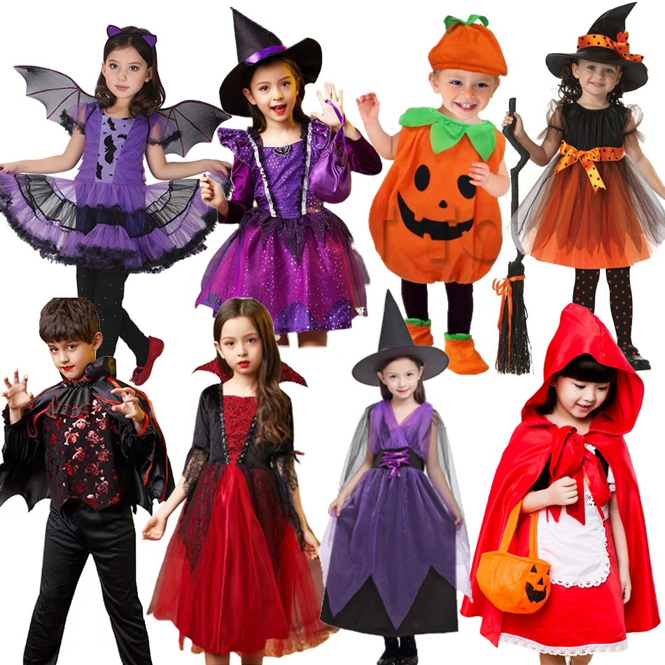 Baby Girls Halloween Witch Costume Children Cosplay Vampire Princess Dresses Kids Dress Up Clothes With Hat Carnival Party Gift