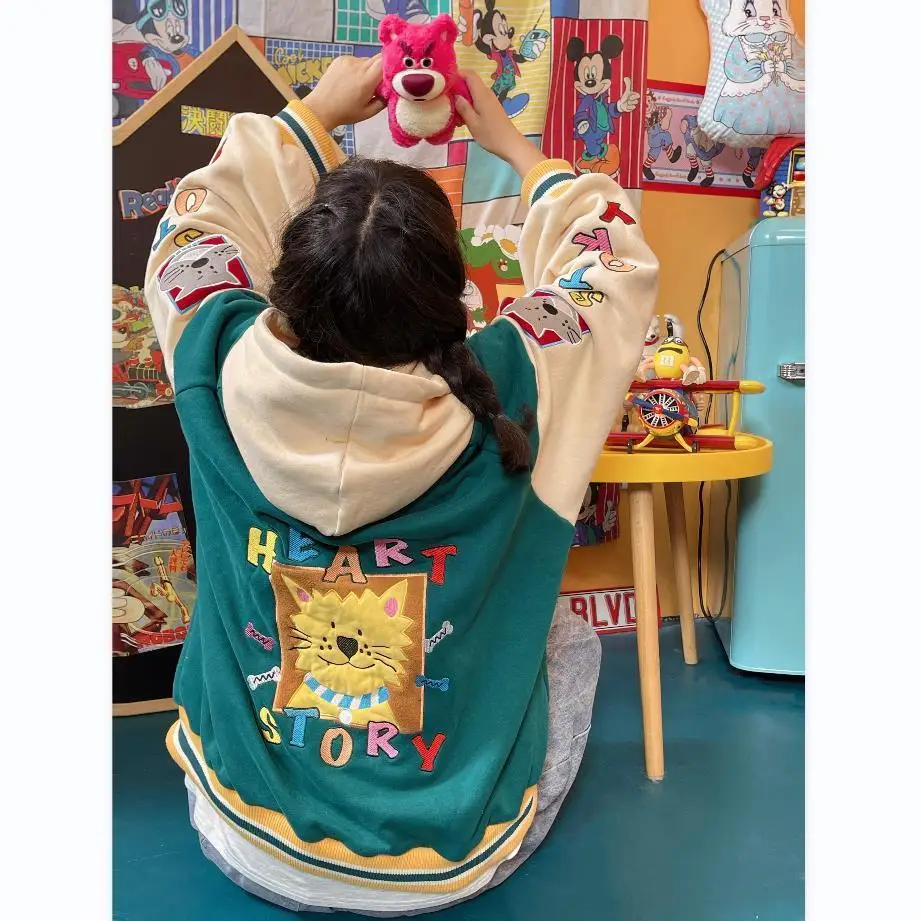 Luxury Childlike Zoo Animal Embroidery Cute Sweatshirt Zip Up Hoodies Coats Oversized Kawaii Teens Clothes 2022 Spring Harajuku