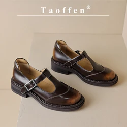 Taoffen Casual Loafers For Women Genuine Leather Mixed Colors Square Heel Buckle Strap Pumps Round Toe Thick Sole Office Shoes