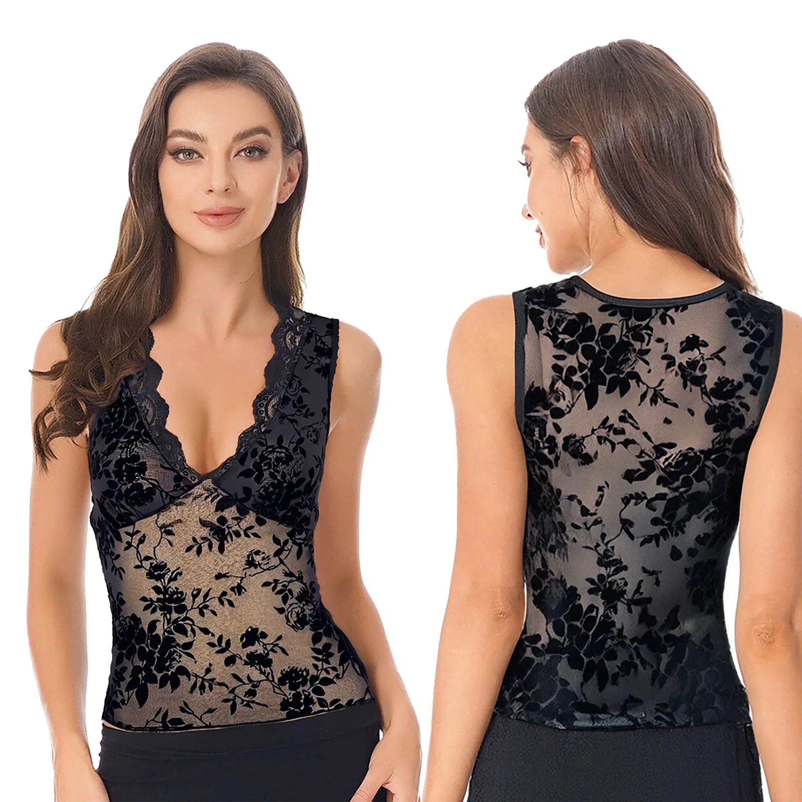 

Sexy Women Sheer Velvet Flocked Mesh Tank Tops V Neck Waved Lace Trim Sleeveless Jacquard Vest Crop Tops Fashion Blouses