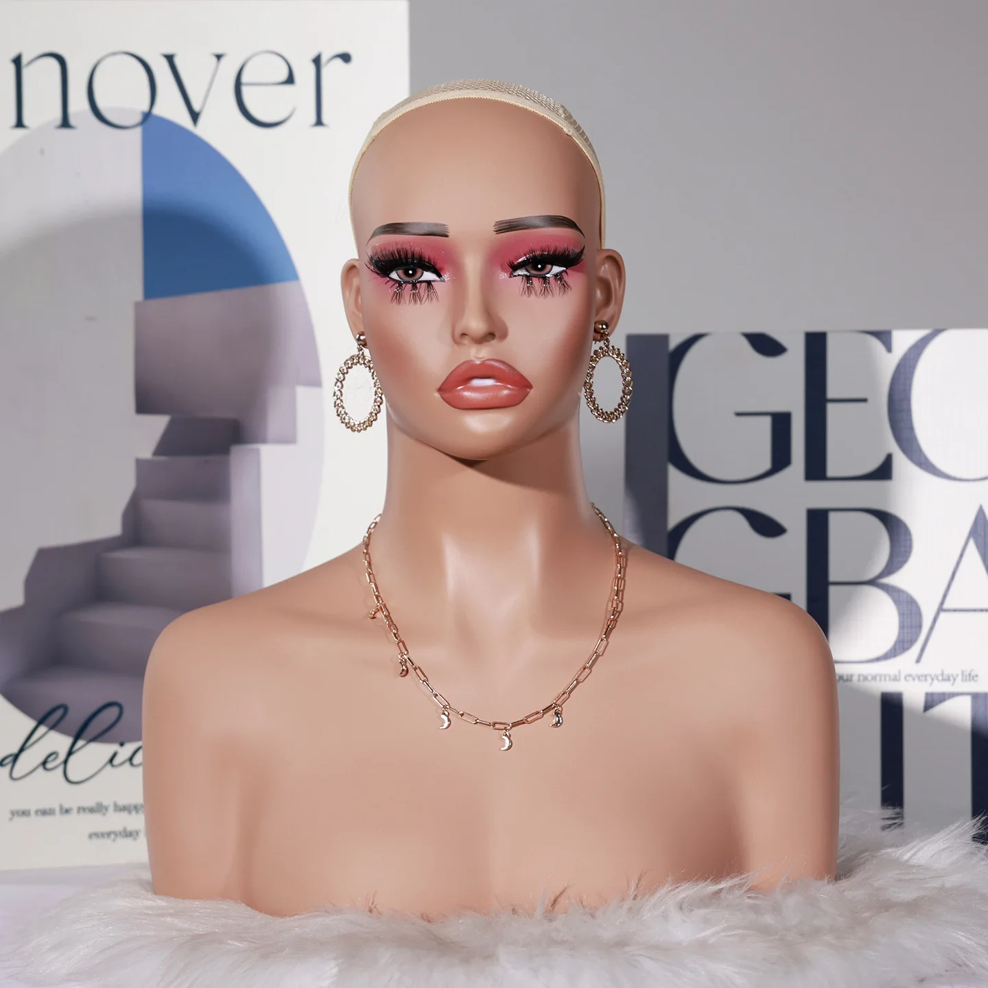 Female Mannequin Head with Shoulders, Makeup Eyelashes Lipstick Eyeshadow, Wig Display Manikin Head for Salon & Retail Display