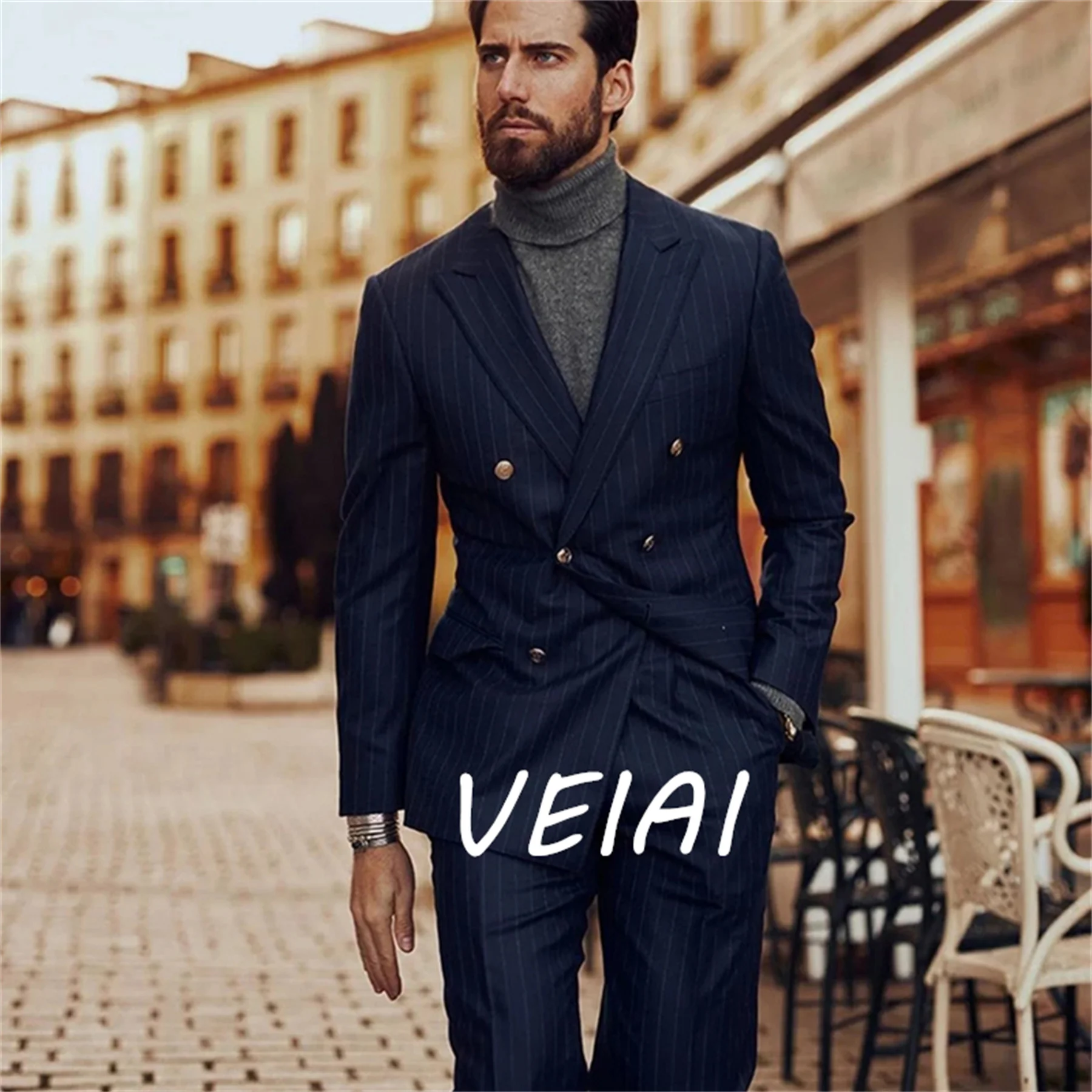 

Мужские шоты в темно-синюю полоску по индивидуальному заказу с двубортным приталенным формальным деловым офисом, комплект из 2 предметов, свадебный жених