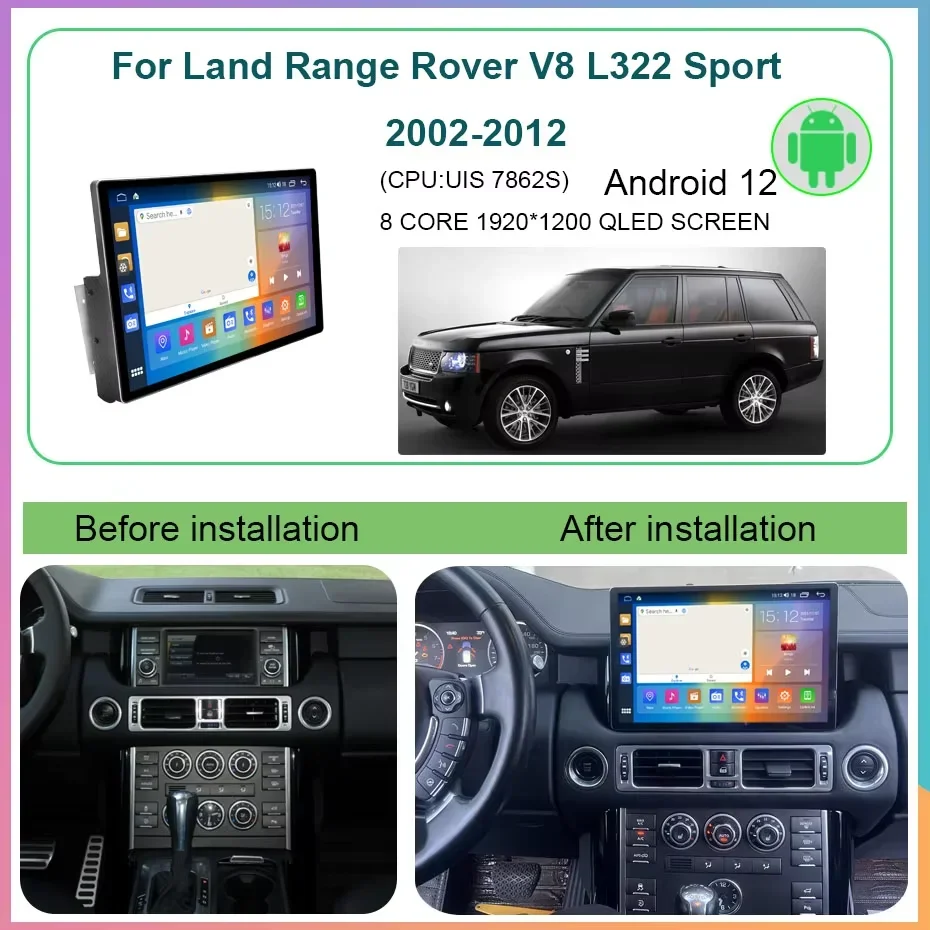 

13,3-дюймовый экран Android 13 для Land Rover Range V8 L322 2002-2012, Carplay, автомобильная магнитола, интеллектуальный мультимедийный видеоплеер, GPS