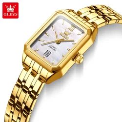 OLEVS-Relógio Quartzo de Aço Inoxidável Feminino, Relógio de Pulso Feminino, Quadrado, Dourado, Calendário, Impermeável, Elegante, Moda, Novo, 5616