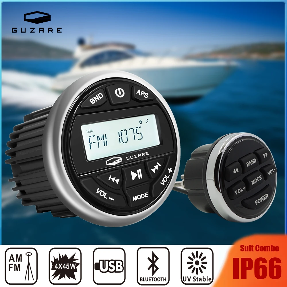 GUZARE Boat Radio Stereo Marine Waterproof Bluetooth FM Receiver OR Wired Remote OR Suit Combo for Yamaha Wave Runner Jetski ATV