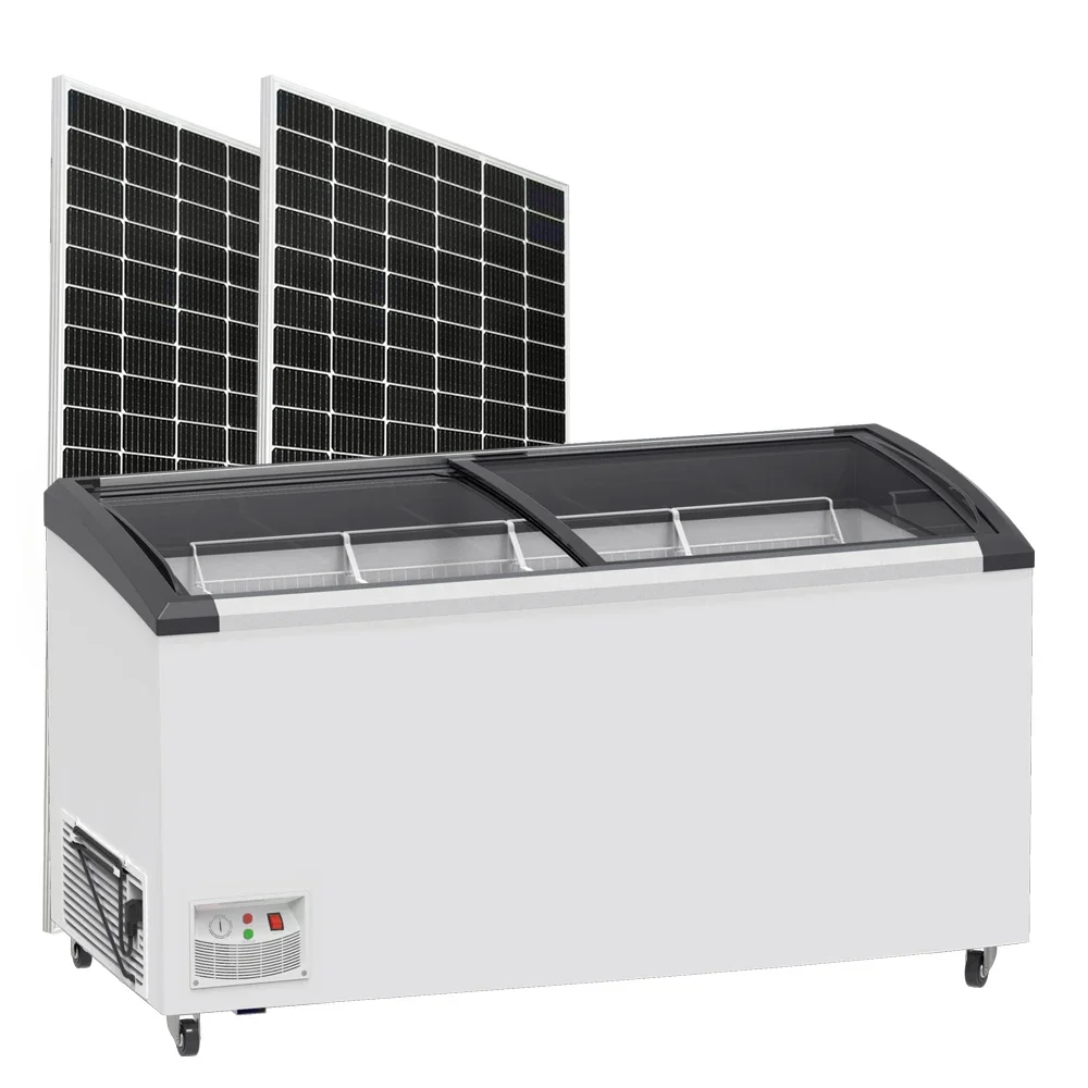 

freezer 12V 220V AC&DC solar chest freezers sliding door cooling ice cream display showcase Curved glass door solar deep chest