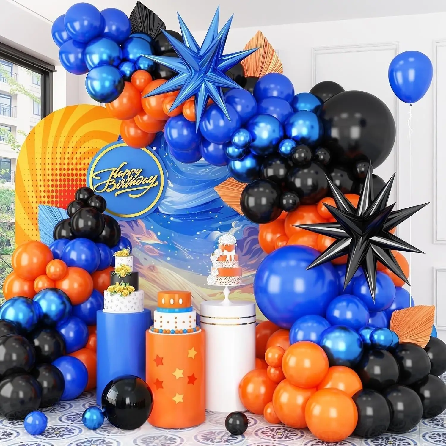 113-teiliges Schwarzes Orange-Blaues Ballon-Girlanden-Set, mit Stern-Folienballons für Geburtstag und Abschlussfeier