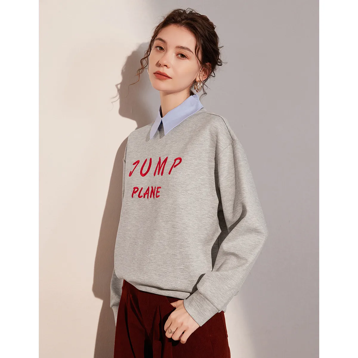 LOUIS YAO Letter Embroidered Fake Two Piece Sweatshirts 2025 Spring Autumn Women Top Falling Shoulder Long Sleeve Women's Hoodie