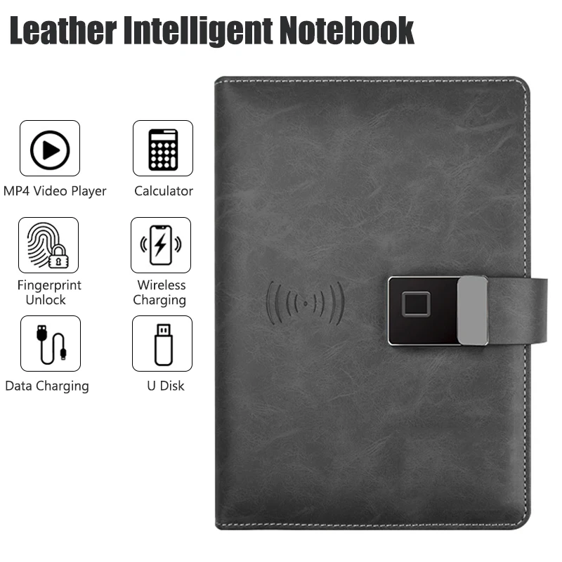 

Leather Smart Notebook Without Pen Fingerprint Lock Notebooks for Student Designer Business Record Notes Phone Wireless Charging