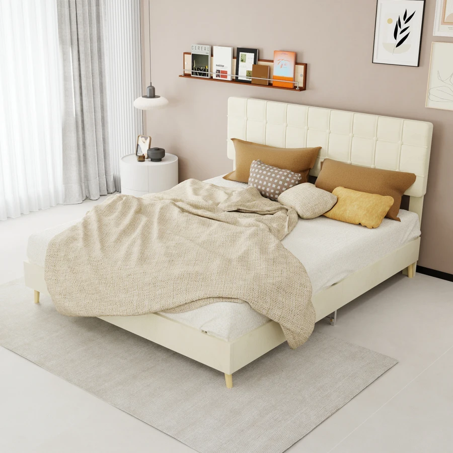 Modern Upholstered Bed Frame Premium Holland Velvet Fabric with Ergonomic Padding and Tufted Headboard Sturdy, Noise-Free Queen