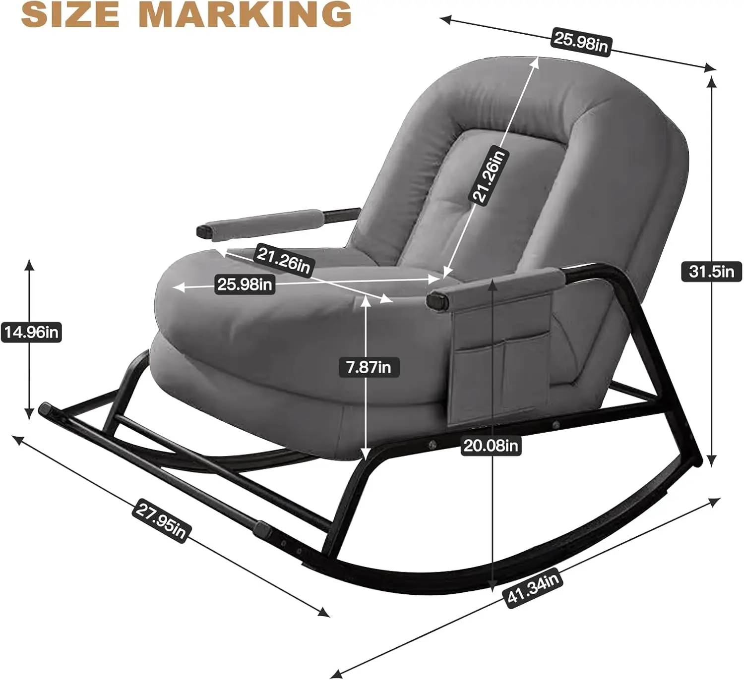 Glider Chair,Patio Chairs,Lounge Chair Outdoor/Indoor with Double Storage Armrest Bag,Rocking Chair,Bedroom,Garden