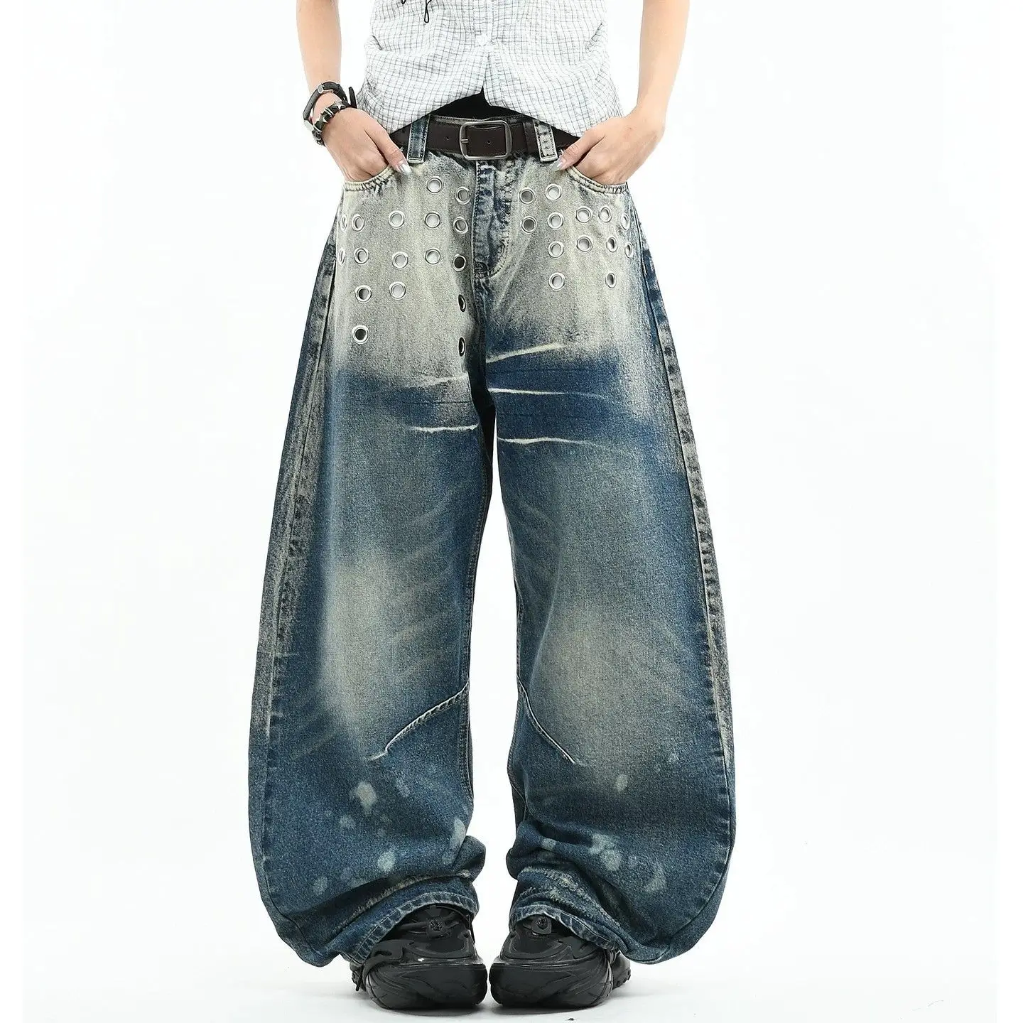 Men's Hole Design Punk Style Jeans Casual Pants Wide Legs Y2k Sweatpants High Waist Denim Trousers