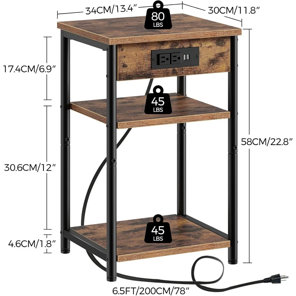 Meja W Stasiun Pengisian Daya, Night Stand dengan 3 Rak Penyimpanan, Meja Samping Kecil untuk Ruang Kecil, Meja Samping Tempat Tidur Sempit untuk Ruang Tamu