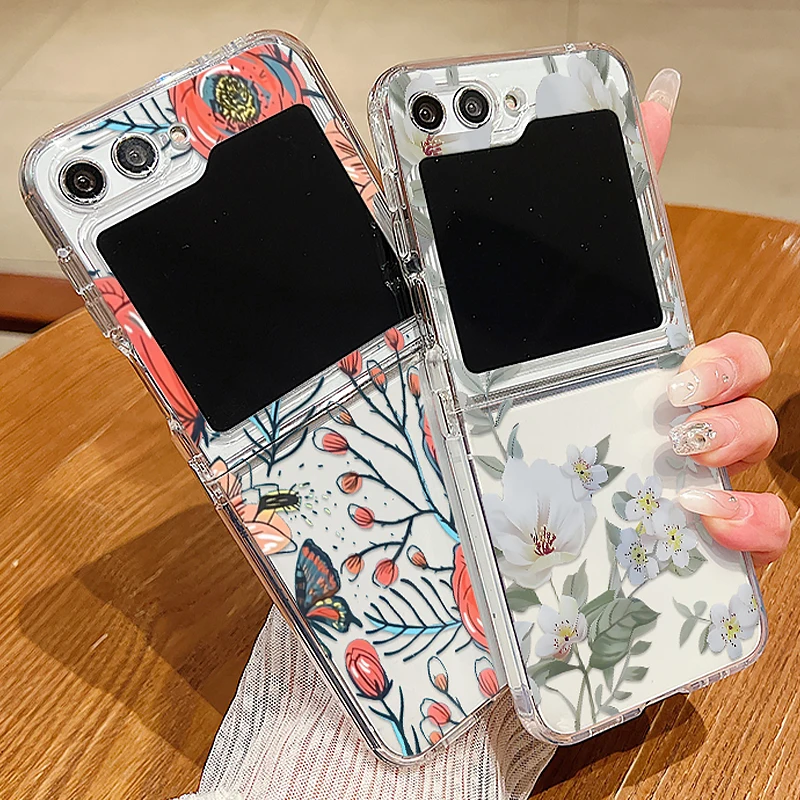 

Flower Print Clear Silicone Phone Case For Samsung Galaxy Z Flip 6 5 4 3 5G Flip4 Flip5 Flip6 Metal Buckle Folding Soft Cover