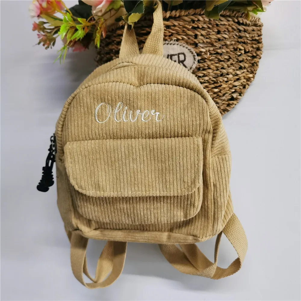 

Corduroy Women Mini Backpack with Embroidered Name Girls Fashion Small Backpacks Student Schoolbags Custom Casual Travel Bag