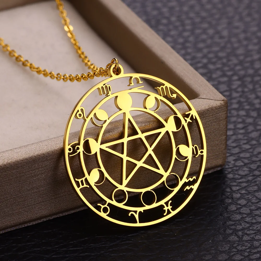 Minimalism Round Disc Charm Moon Phase Jewelry Stainless Steel Gold Color Zodiac Constellation Necklace Best Friend Gifts Bff