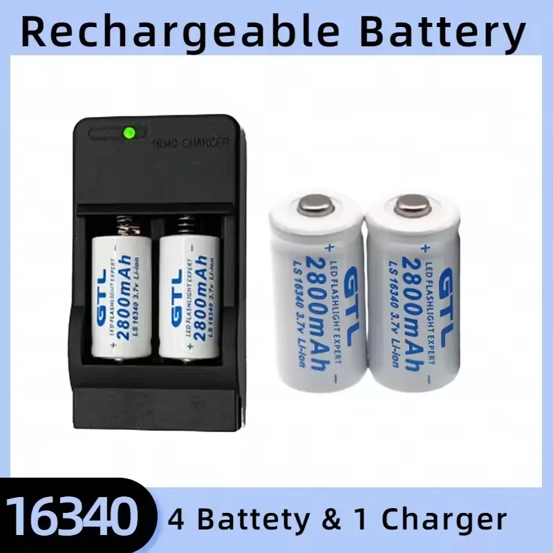 

CR123A Rechargeable Battery 16340 3.7V 2800mAh with USB Charger, High Capacity Lithium Battery for Flashlight/Toys