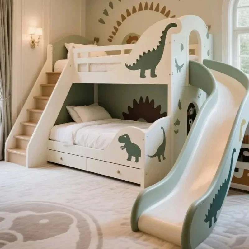 Dinosaur Themed Double-Layer Loft Bed with Slide And Storage - Boy's Bedroom Bunk Bed for Small Children to Large Adults