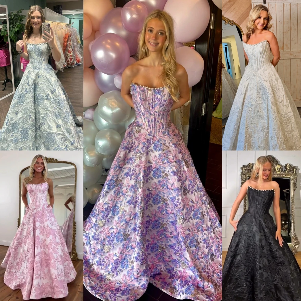 

Floral Brocade Prom Queen Dress 2k26 Strapless Corset Black Print Long Ballgown Lady Pageant Formal Evening Cocktail Party Gown