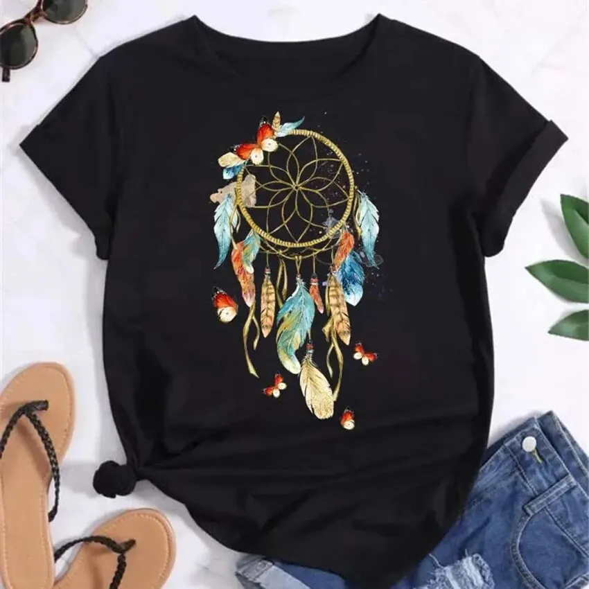 

Feather Dream Catcher T Shirt Women Tees Shirt Femme Dream Catcher Women's T-shirt Clothes Tops Streetwear Large-sized T-shirt
