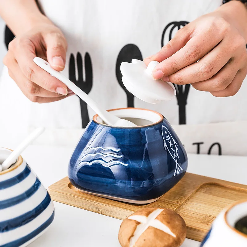 Ceramic Spice Jar,  Sugar Salt Container , Condiment Pots Set, Hand-Painted Seasoning Jar with Porcelain Lids.For Home Kitchen.