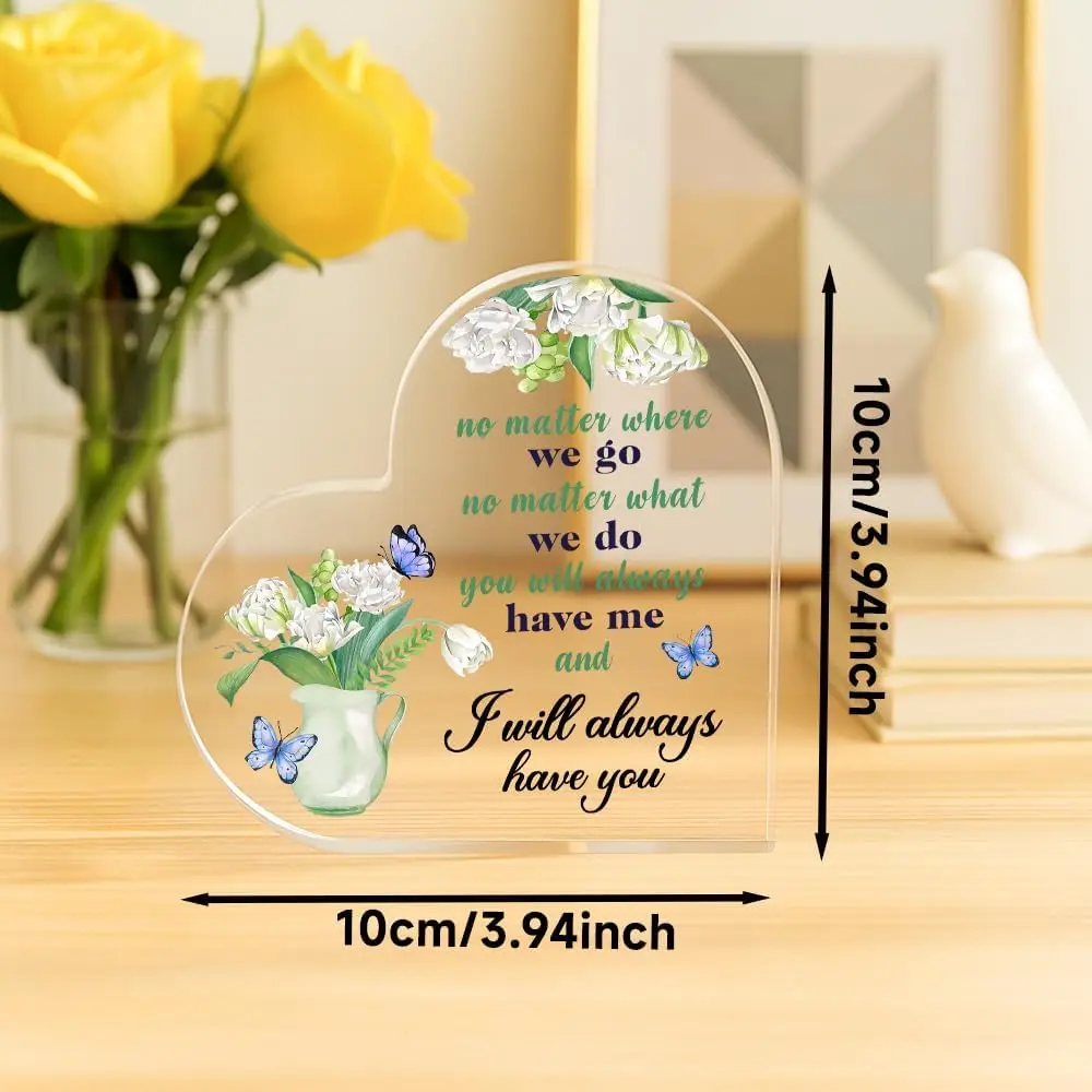 Heart‑Shaped Acrylic Plaque I Will Always Have You White Tulip Vase Blue Butterflies Freestanding Friendship Keepsake Gift