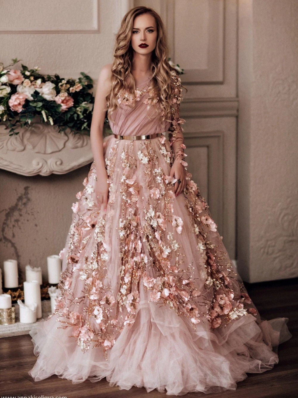 Dreamy Rose Gold Shiny Evening Dress Romantic Blooms One Shoulder A Line Prom Gown Chic Party Customized Special Occasions Wear