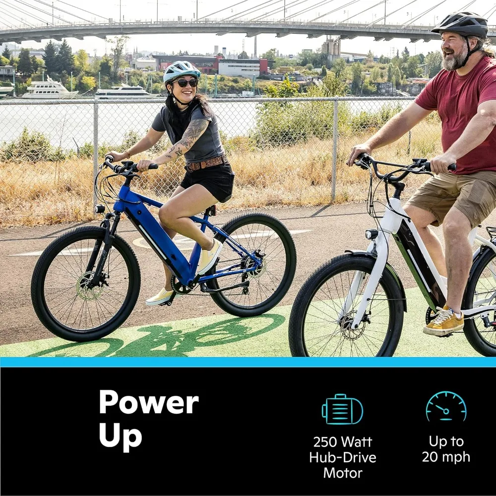 Adult electric hybrid bike, step-through and step-up aluminum frame, 250W battery, removable battery, 7-speed, 27.5-inch wheels