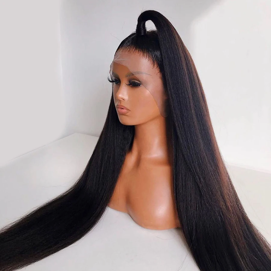 Soft Glueless Black Yaki 28Inch 180Density Kinky Straight Lace Front Wigs For Women BabyHair Preplucked Daily Synthetic