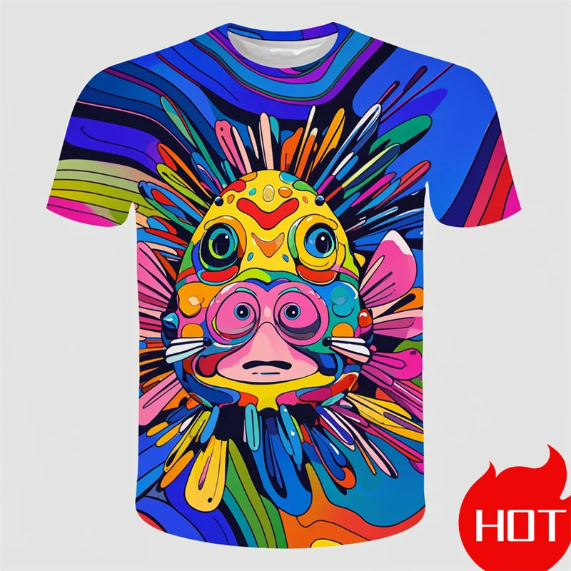 New Men's Summer 3d Printing Hd Printed O-Collar Short Sleeve T-Shirt Puffer Fish Art Personality Retro Plus Size Loose Top