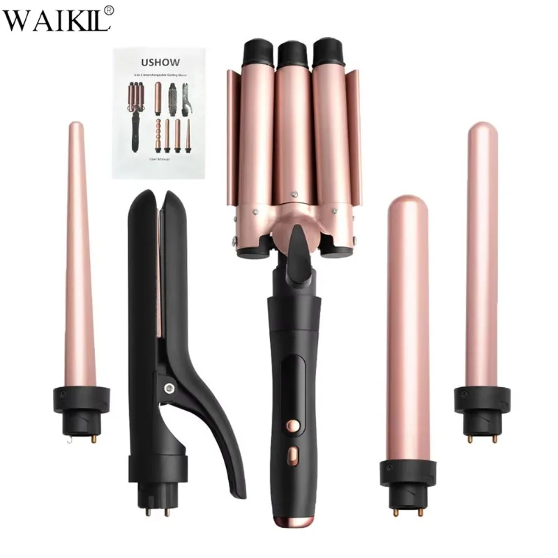 Custom Ceramic‑Coated 5‑in‑1 Interchangeable Curling Wand Set, LED Display Hot Air Brush Hair Styling Tool Kit