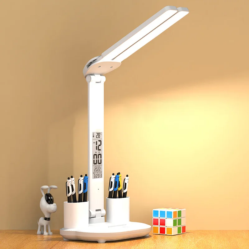 Foldable LED Desk Lamp with Calendar Clock, USB, Dimmable, Touch, Mini Fan, Night Light for Study, Reading Lamp, Newest