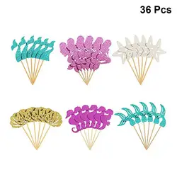 36pcs Mermaid Glitter Cake Toppers Ocean Theme Dessert Decorations Kids Birthday Cake Pick Favors for Birthday Baby Shower and