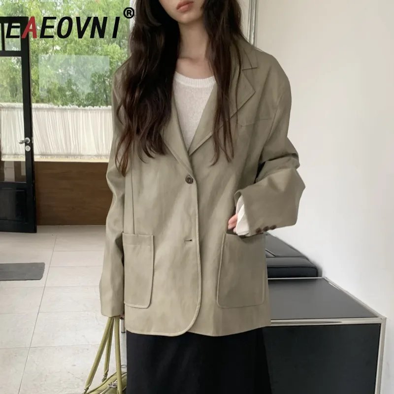 

EAEOVNI Maillard Vintage Women's Blazer Coat Solid Color Notched Collar Pockets Button Jacket Office Lady 2025 Autumn New