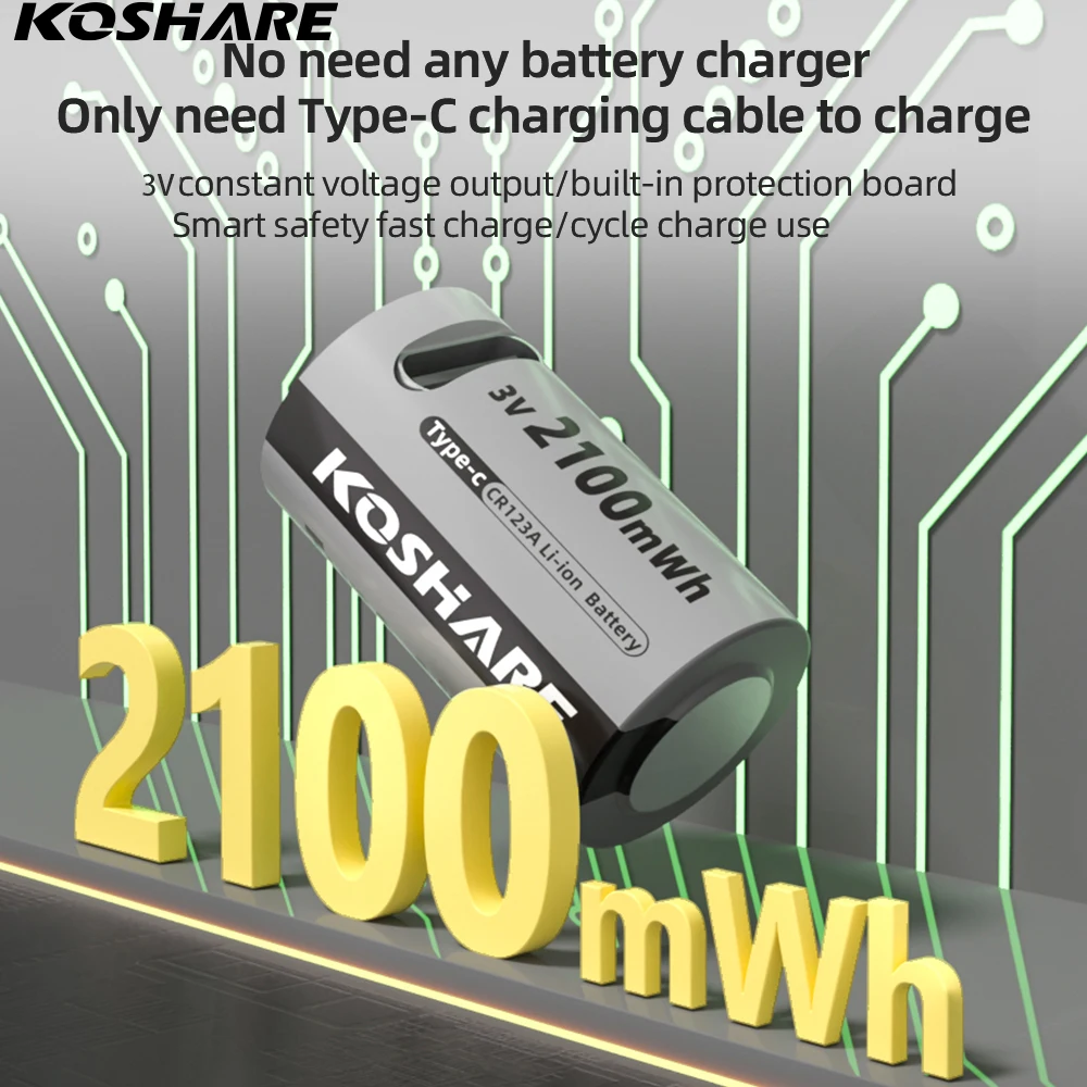 

KOSHARE CR123A 3V 2100mWh Li-ion Rechargeable Batteries CR123A 2100mWh Lithium Battery For Clocks Mice Computers+Type-C Cable
