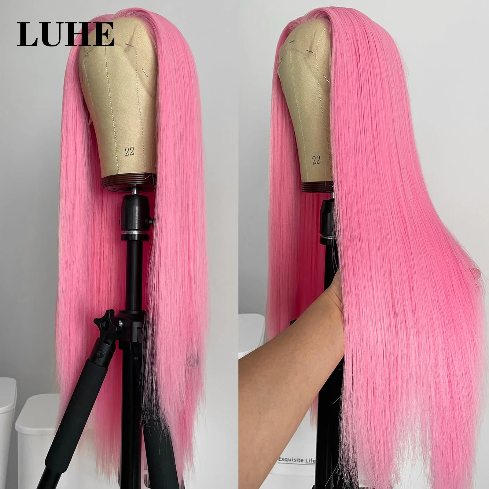 Wig renda depan merah muda 13x3 rambut palsu lurus panjang sintetis Wig Frontal tahan panas pra-pencabutan untuk wanita mode