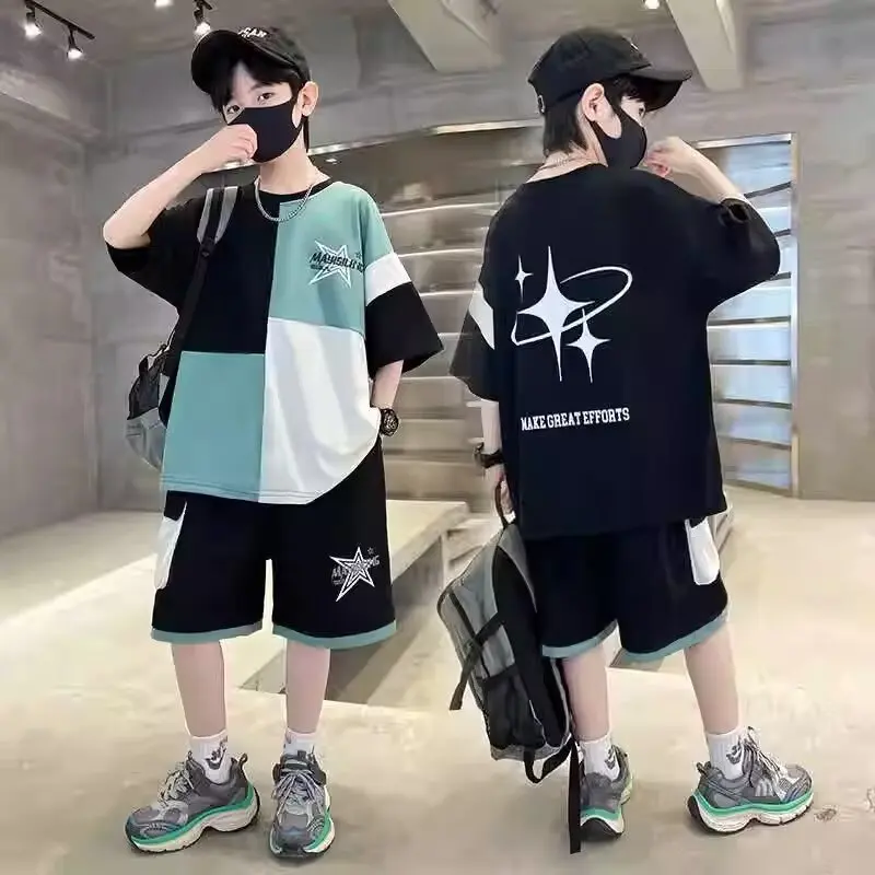 New Summer Boys Cotton Suit Korean High Street Fashion Kids Printed T-shirts Shorts 2 Piece Set High Quality Children's Set 2024