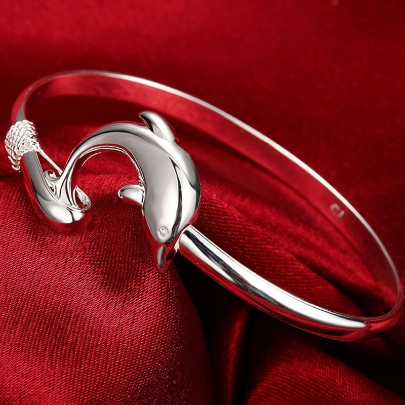 

925 Sterling Silver Dolphin Bangle Bracelet For Women Wedding Engagement Fashion Charm Party Jewelry