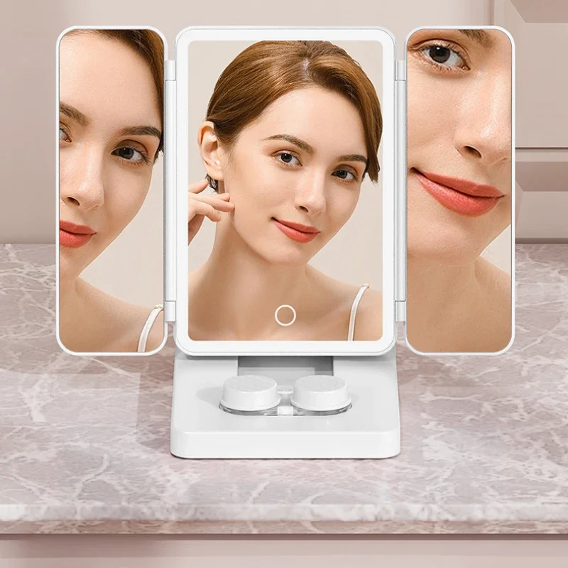 Folding makeup mirror with supplementary light, intelligent LED illuminated desktop vanity mirror, contact lens cleaner