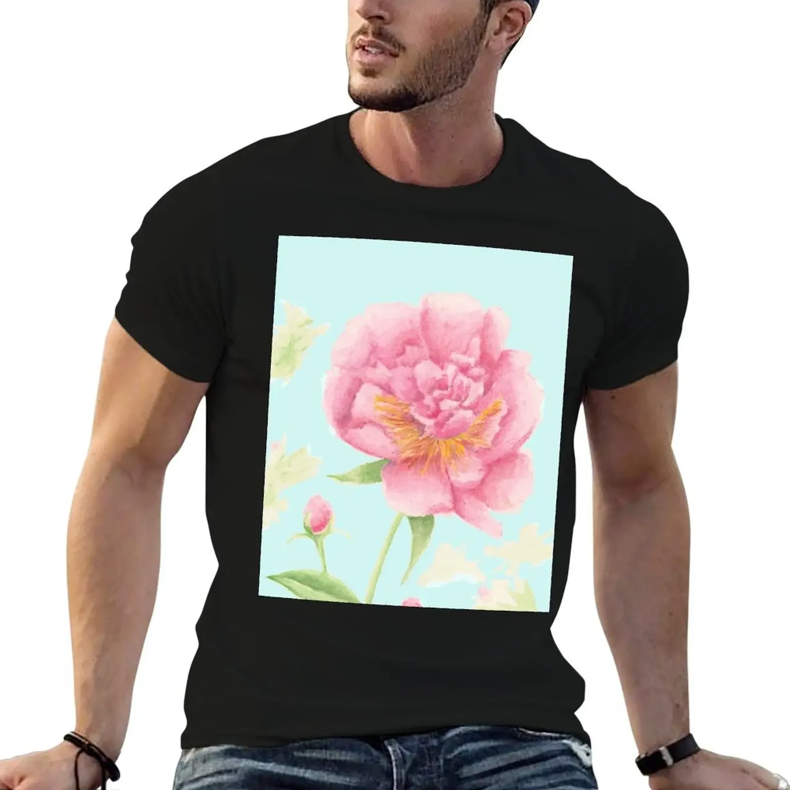 

Peony Flower Watercolor Painting on Background T-Shirt oversized t shirt boys whites cheap stuff plus size men clothing