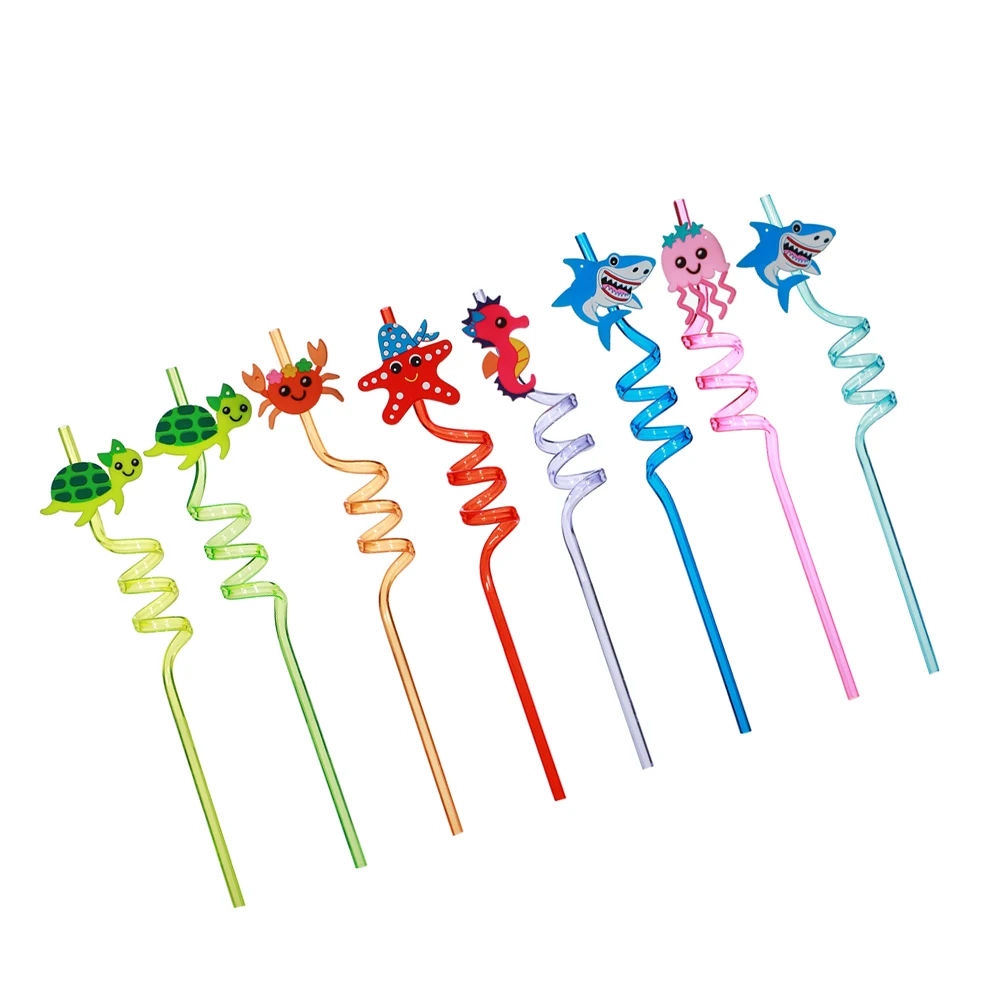 

8pcs Reusable Drinking Drinking Straw for Party Lightweight PP Silicone Curly Straws Ocean Theme Party Straw Gifts