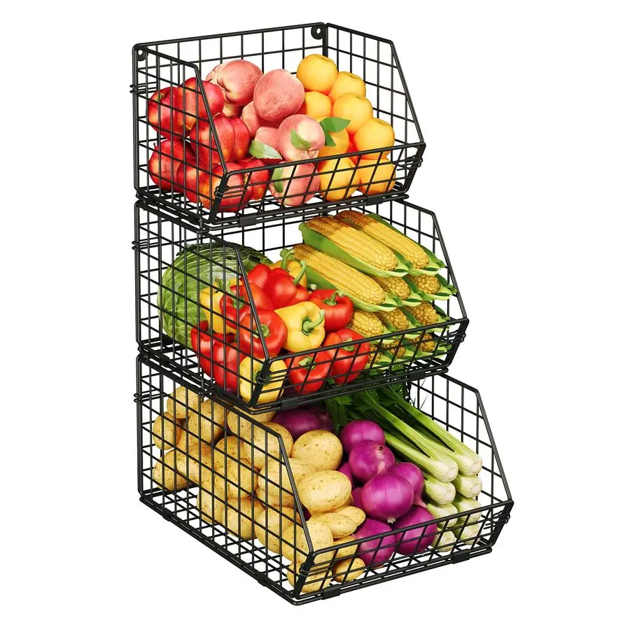 

3Tier Stackable Wire Baskets for Pantry Organization and Storage, Kitchen Counter Basket for Potato Onion Storage, Fruit and Veg
