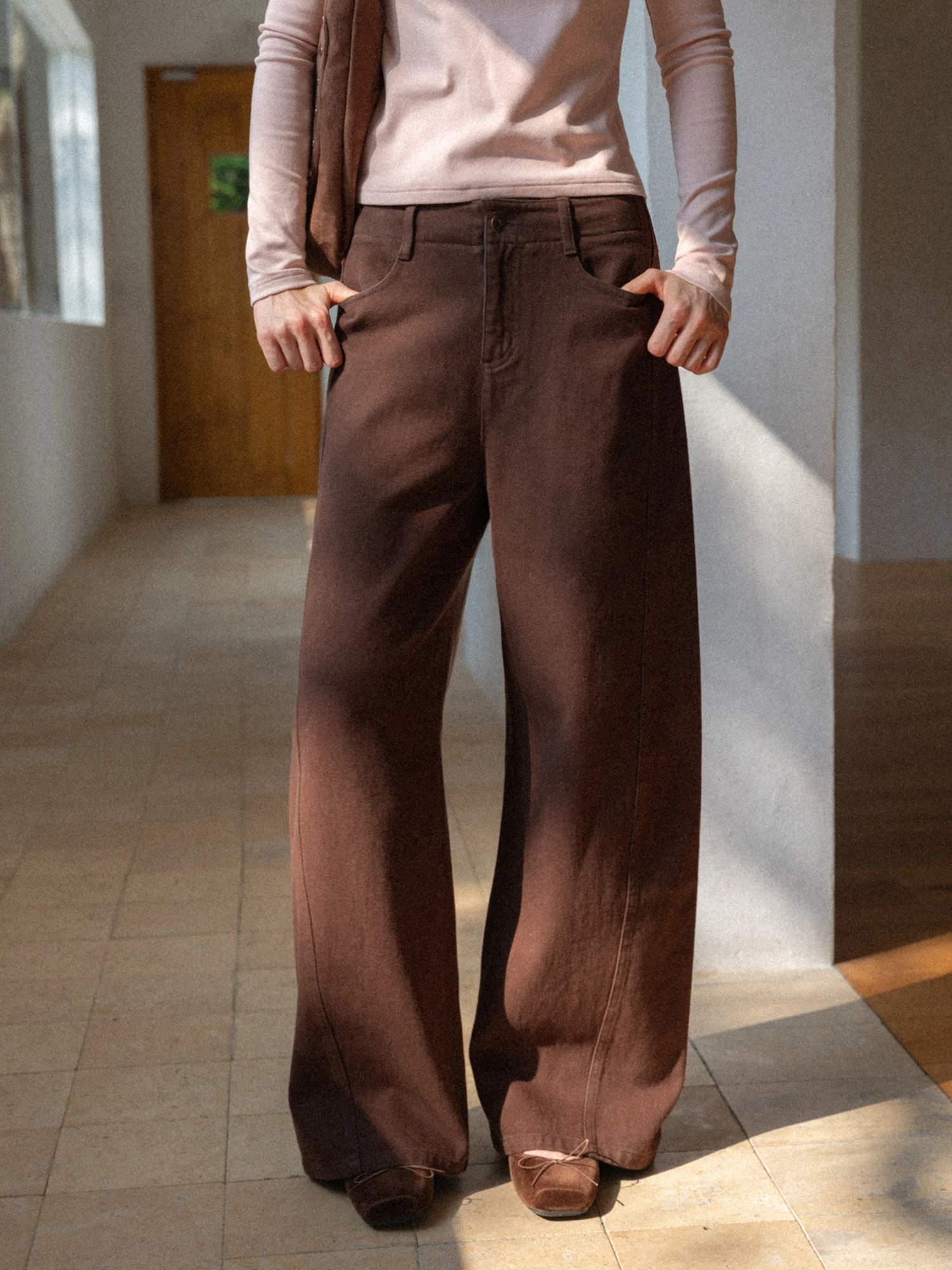 

High Waist Cotton Washed Eggka Casual Pants Thin Fleece Design Loose Wide Leg Long Pants Comfortable Simple Commute Trousers