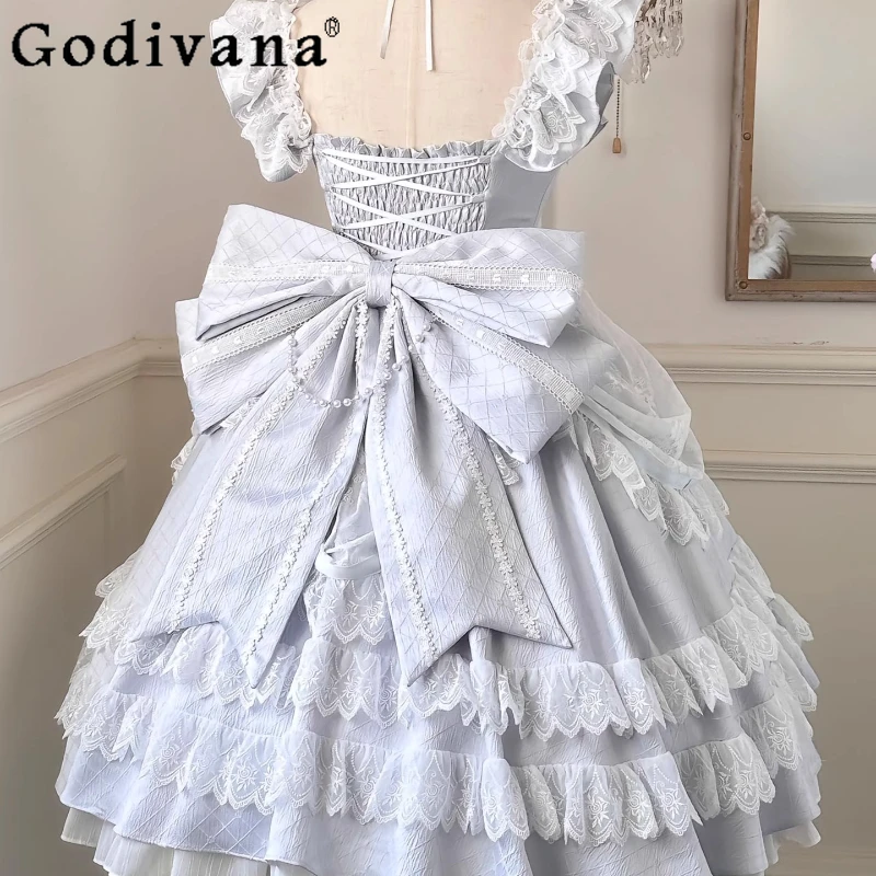 الأزرق الحلو فتاة دمية الدانتيل لوليتا فستان بلا أكمام تأثيري عيد ميلاد فستان الأميرة المرأة حفل زفاف فستان Kawaii