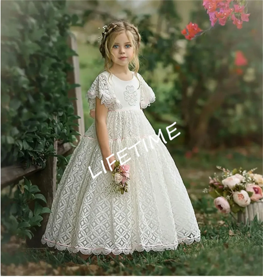 Vestidos de encaje blanco para niña, vestido de princesa para fiesta de bodas, primera comunión, ocasión especial, vestido de desfile